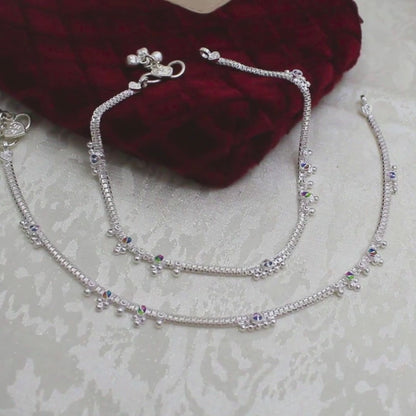 Real Silver Chandi Ki Payal -  Pink CZ Drop Hanging Charm Anklet