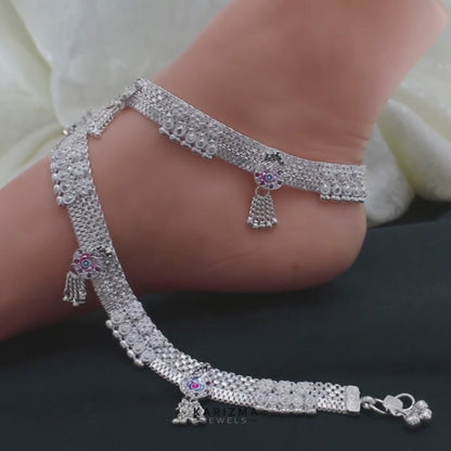 Real Sterling Silver women party wear pink white CZ Anklets Ankle Pair 10.3"