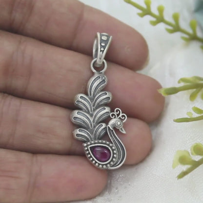 Peacock Design 925 Sterling Silver Pink CZ Oxidized Women best Pendant