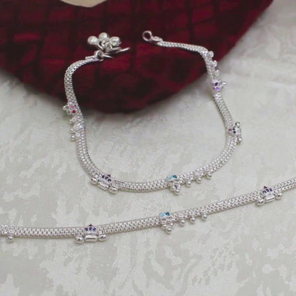 Real Silver Multi CZ Party Wear Pajeb Anklet for women 10.3in