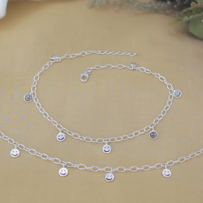 Dainty 925 Sterling Silver Smiley Face Charm Chain Payal Anklet Pair 10.4"