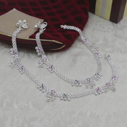 Traditional Real Silver Pink CZ Women Bridal Anklet - 10.5 inch Payal