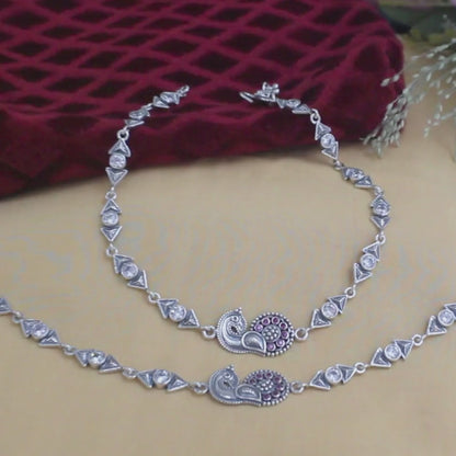 925 Sterling Silver Pink White CZ Oxidised Peacock pajeb Anklet Pair 10"