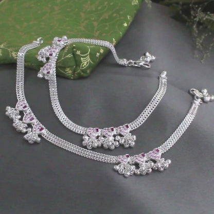 Real Sterling Silver women Pink CZ Bridal Anklet Ankle Bracelet 10.3"