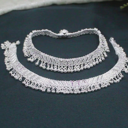 Real Silver Jhallar Pattern Women Bridal Pink CZ Anklet – Pair