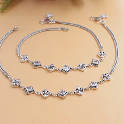925 Sterling Silver White CZ Oxidised Floral stone-studded Payal Anklet Pair 10"