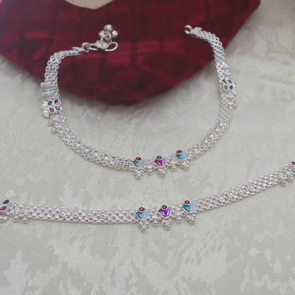 Elegant Real Silver Meenakari CZ Enamel Anklet Payal for Women