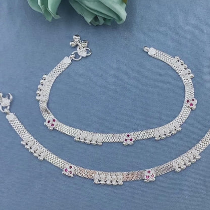 Real Sterling Silver women Pink CZ party wear Anklet Ankle Pair 10.3"
