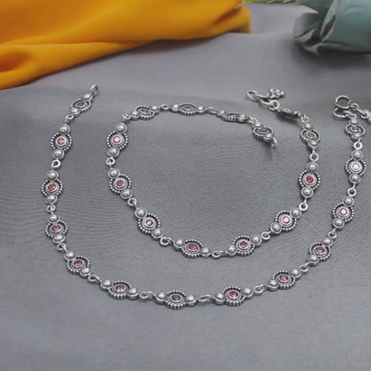 Beach wear 925 Sterling Silver Orange CZ Oxidised payal Anklet Pair 10"