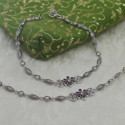 Beach style 925 Sterling Silver Pink White CZ Oxidised Payal Anklet Pair 10.3"