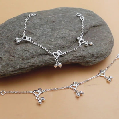 925 Sterling Silver Double Heart design Kids Anklet Foot Bracelet Pair - 6"