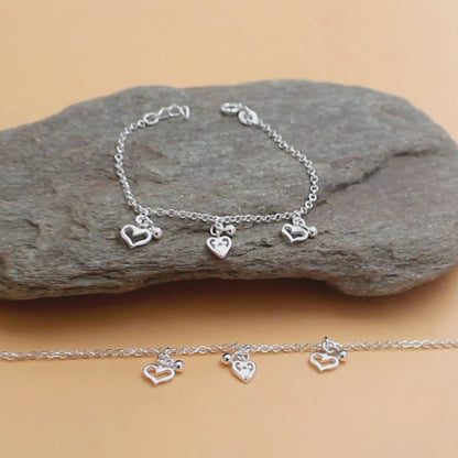 925 Sterling Silver Hanging Heart Kids Anklet Payal Baby Foot bracelet Pair- 6"