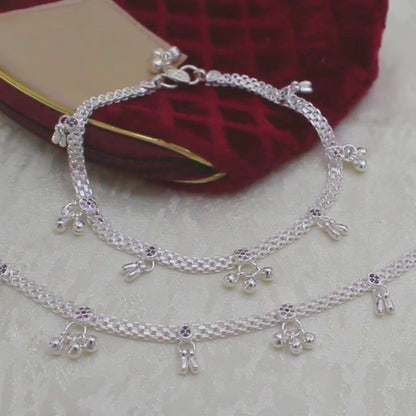 Real Silver Multi CZ Anklet Payal with Ghungroos