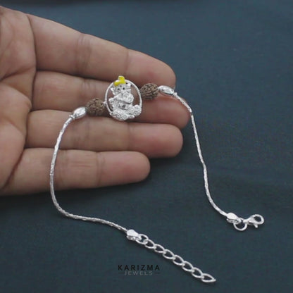 925 Real Silver Bracelet Rudraksha Ganesha Rakhi 7.5"