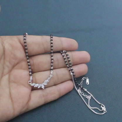 Stylish 925 Real Sterling Silver Black Beads Floral Leaf CZ women Mangalsutra