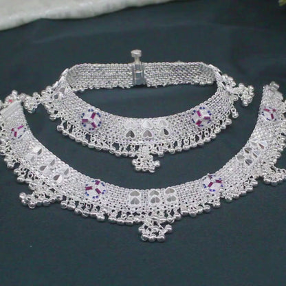 Real Silver Blue Pink CZ Women Dulhan Gola Payal Anklet – Pair
