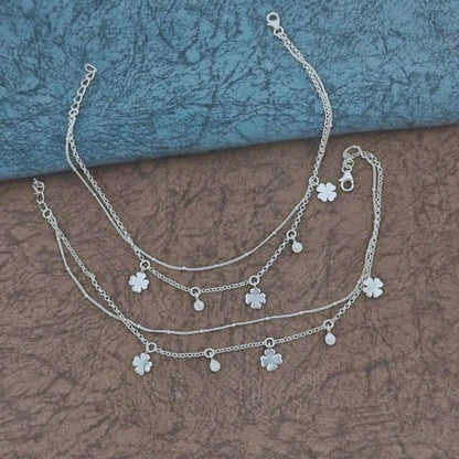 Beach wear 925 Sterling Silver double Layers girlish White CZ Chain Anklet Pair 10.5"