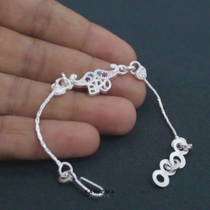 Real Silver Bracelet Excellent CZ Kids Bro Moustache Rakhi 5"