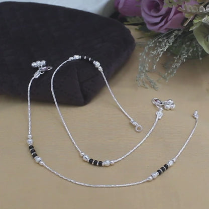 Daily Wear Real Sterling Silver Black Bead Anklet 10"