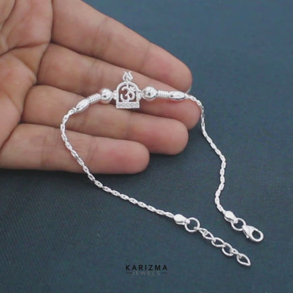 925 Real Silver Bracelet White cz Om design Rakhi  7.5"