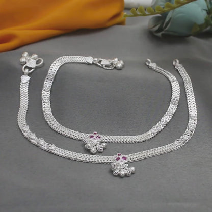 Real Sterling Silver women Pink White CZ cultural design Anklet Ankle Bracelet 10.2"