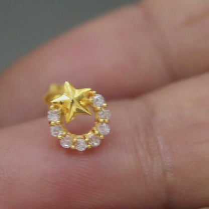 18K Real Gold gorgeous star Nose pin cum Earring Clear White CZ Gold Screw Back
