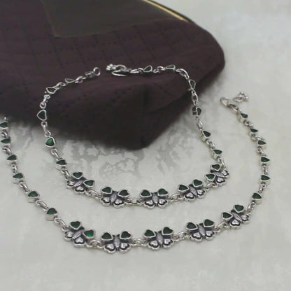 925 Sterling Silver Green CZ Oxidized women Butterfly Anklet Pair 10.5"