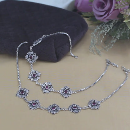 925 Sterling Silver Pink White CZ Oxidised Jhanjhar Anklet Pair 10.5"