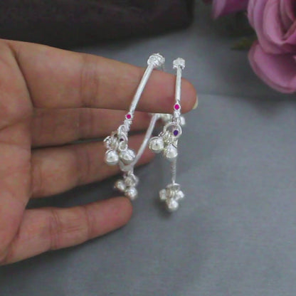 Real Silver cultural design kids Bangles Bracelet With Jingle Bells - Pair