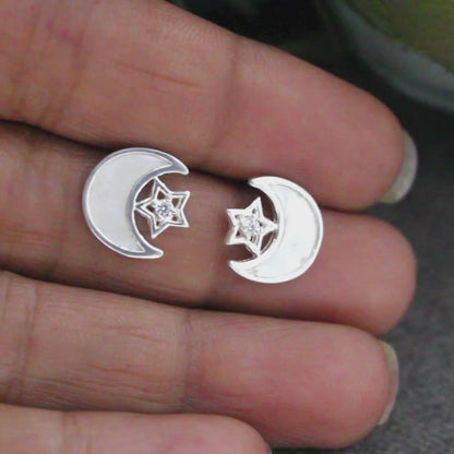 925 Sterling Silver White CZ Moon and Star gifting Earrings
