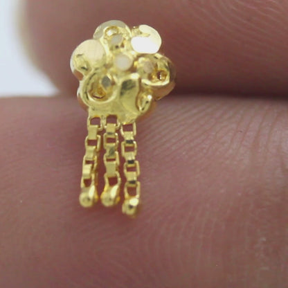 18K Real Gold Floral Cluster Triple Chain Dangle Nose Stud