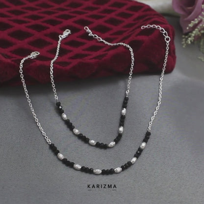 925 Sterling Silver Indian women handmade black crystal bead Anklets Pair 9.5"