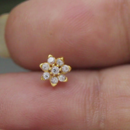 18K Real Gold Women White CZ Small Flower Nose Pin nose ring Push Pin
