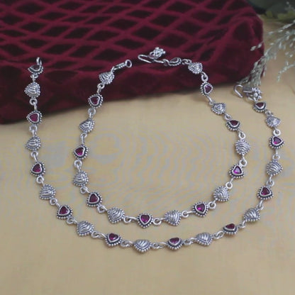 Amazing 925 Sterling Silver Pink CZ Oxidized Heart design payal Anklet Pair 10"