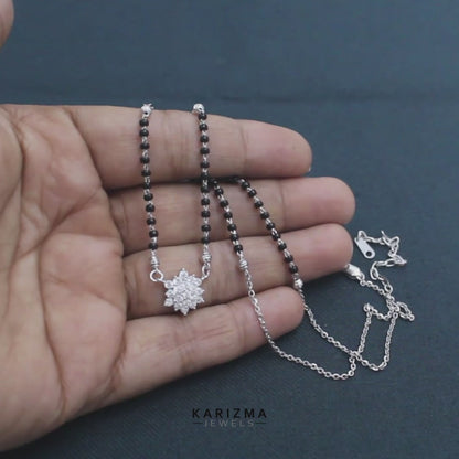 925 Real Sterling Silver Black Beads Flower Adjustable Elegant Mangalsutra women chain for wife