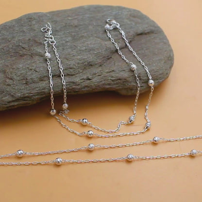 Trendy 925 Sterling Silver Double Chain Bead Silver Anklet Payal Pair 10.5"