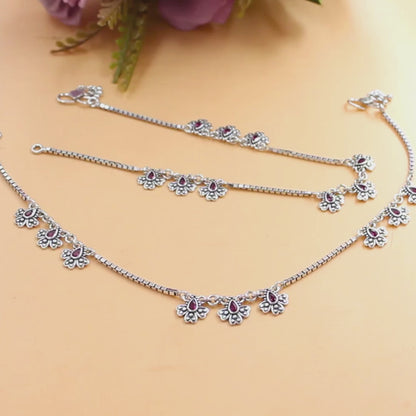 925 Sterling Silver Pink CZ Oxidised Peacock Feather Design Jhanjhar Anklet Pair 10.3"