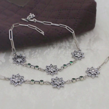 925 Sterling Silver Green White CZ Oxidised Payal Anklet Pair 10.3"