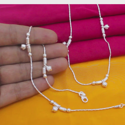 Real Silver Leaf Charm Beaded Stylish Payal Anklet - Pair