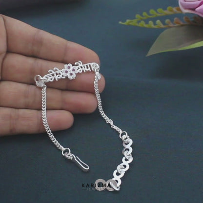 Real Silver Bracelet gifting मेरे भैया Pink CZ Rakhi 6.5"