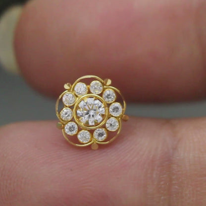 Flower style 18K Real Gold White CZ Nose pin nose ring Push Pin