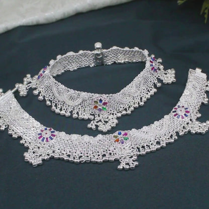 Heavy Rajwadi Jaal Payal - Real Silver Multi CZ Anklet