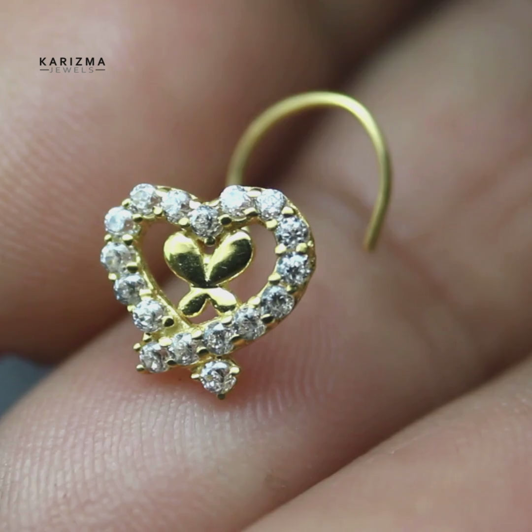 Heart 14k Real Gold CZ Nose Stud 24g 