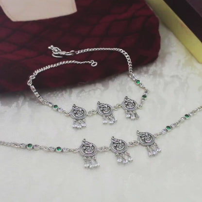 Traditional  925 Sterling Silver Green White CZ Oxidized Peacock design women payal Anklet Pair 10.3"
