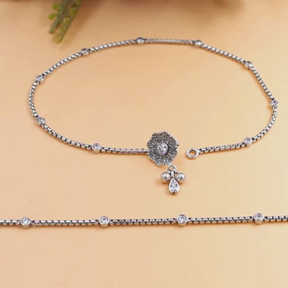 Boho Look 925 Sterling Silver White CZ Oxidised Anklet Pair 10.3"