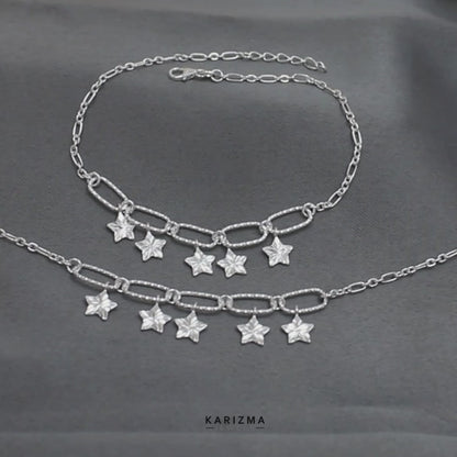 925 Sterling Silver Dazzling Stars Charm Chain Payal Boho Anklet Pair 10.5"