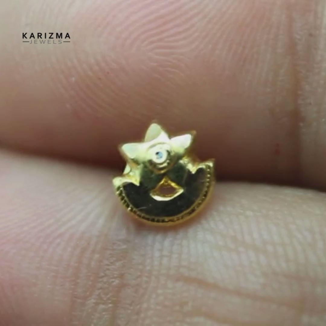 Indian Style 14K Real Gold Moon Star Style Nose Stud Push Pin Nose Ring