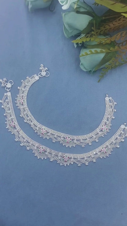 Real Sterling Silver women cultural design Multi CZ Anklet Ankle Bracelet 10.3"