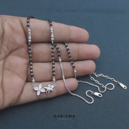 Trendy 925 Real Sterling Silver Black Beads Flower CZ Mangalsutra women chain for wife