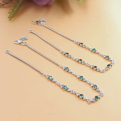 Boho Look 925 Sterling Silver Green White CZ Oxidised Snake-Link Anklet Pair 10.3"